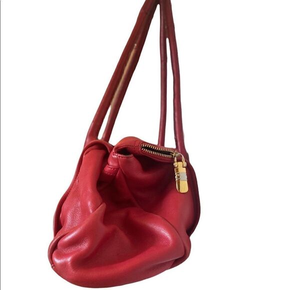 B. MAKOWSKY Red Leather Gold Hardware Tall Handles  Shoulder Bag Tote - Picture 11 of 12